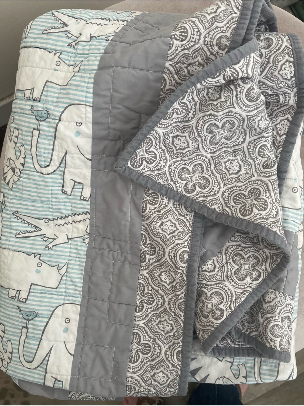 Low start Hand Crafted Gray & Blue Animal Patchwork Quilt for Chair or Bed
